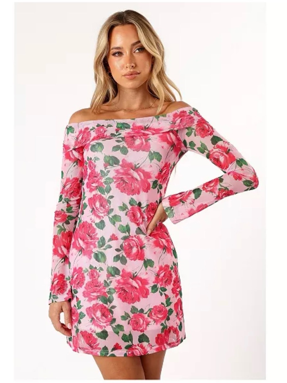NWT- Petal and Pup Women's Bisou Off Shoulder Mini Dress, Pink Floral, Small